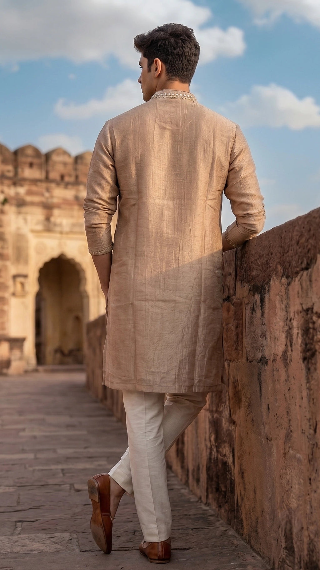 Champagne Gold Embroidered Silk Kurta with Intricate Mirror Detailing