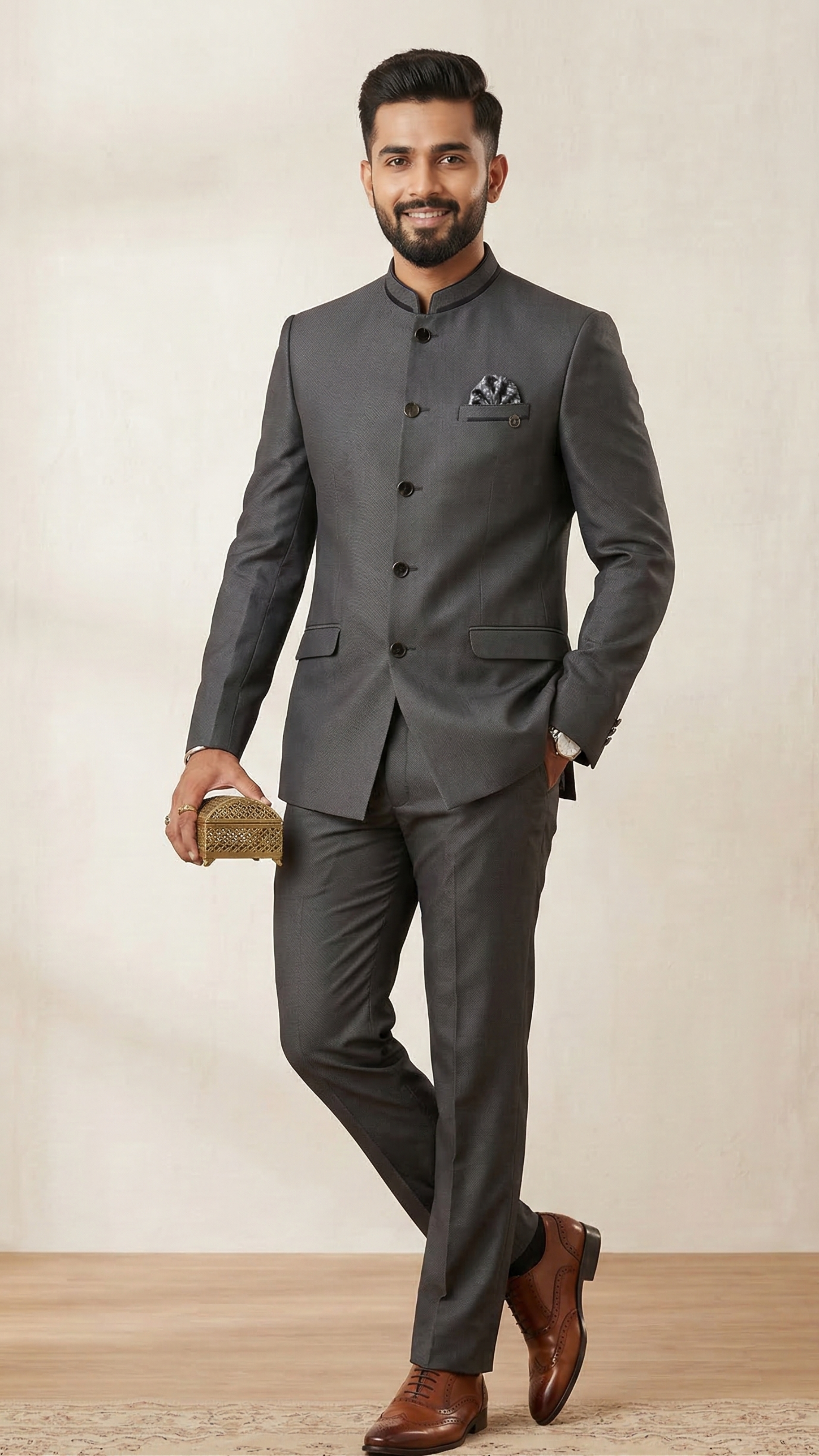 Slate Grey Bandhgala Suit with Contrast Mandarin Collar