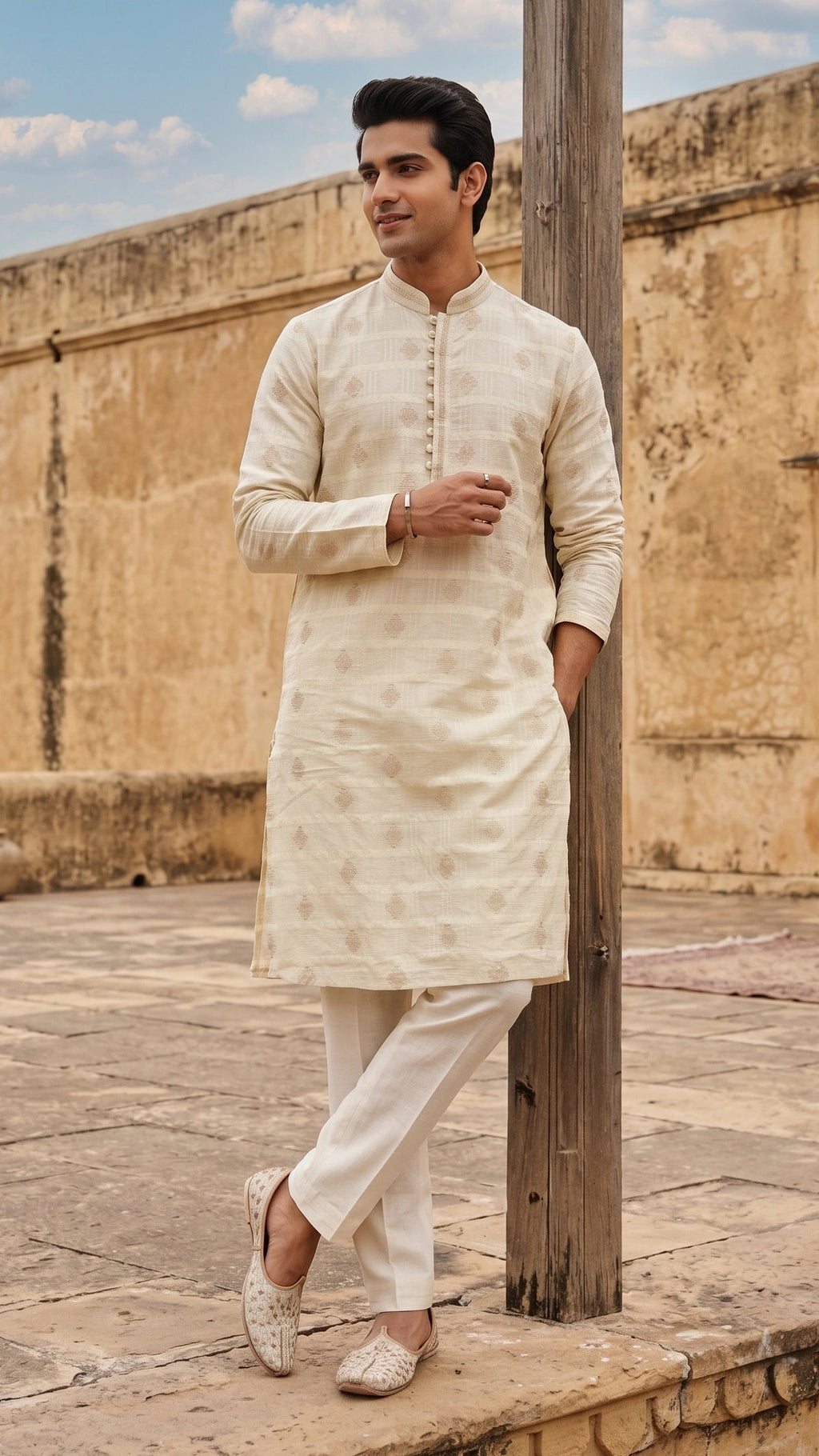 Classic Off-White Woven Striped Kurta with Embroidered Motif Detailing