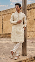 Classic Off-White Woven Striped Kurta with Embroidered Motif Detailing