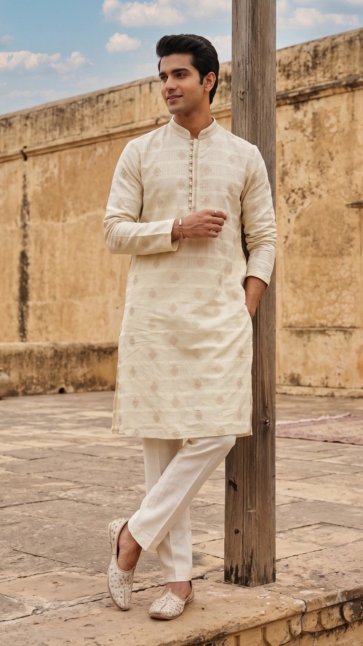 Classic Off-White Woven Striped Kurta with Embroidered Motif Detailing