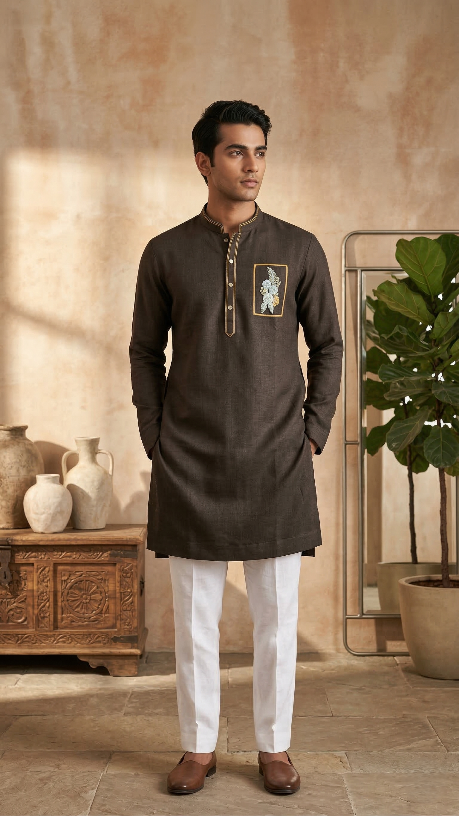 Modern Olive Embroidered Short Kurta