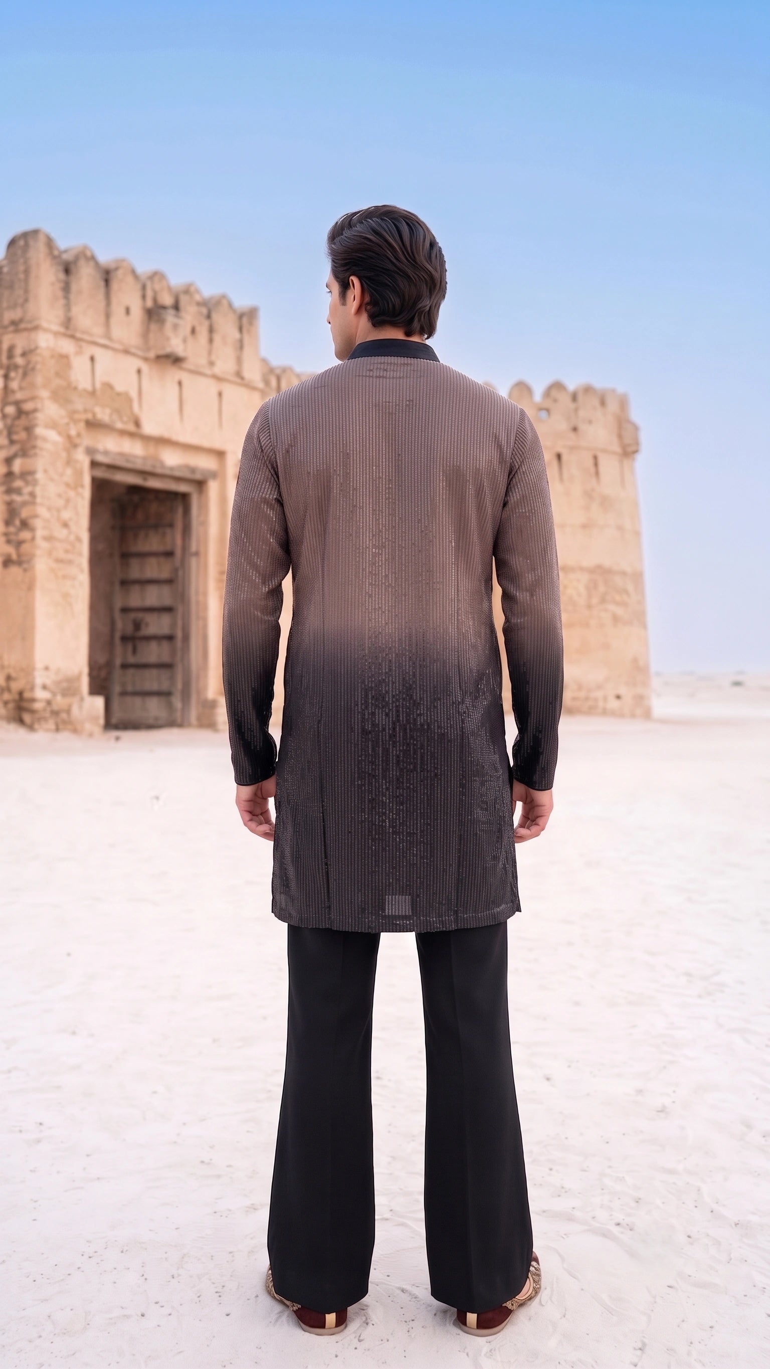 The Midnight Ombré Kurta Set: Charcoal to Jet-Black Shimmer Sequins with Flared Trousers
