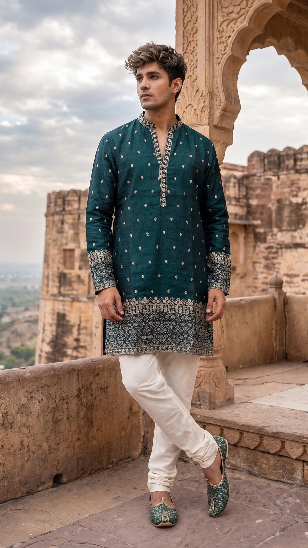 Teal Embroidered Silk Kurta with Intricate Border Detailing