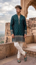 Teal Embroidered Silk Kurta with Intricate Border Detailing