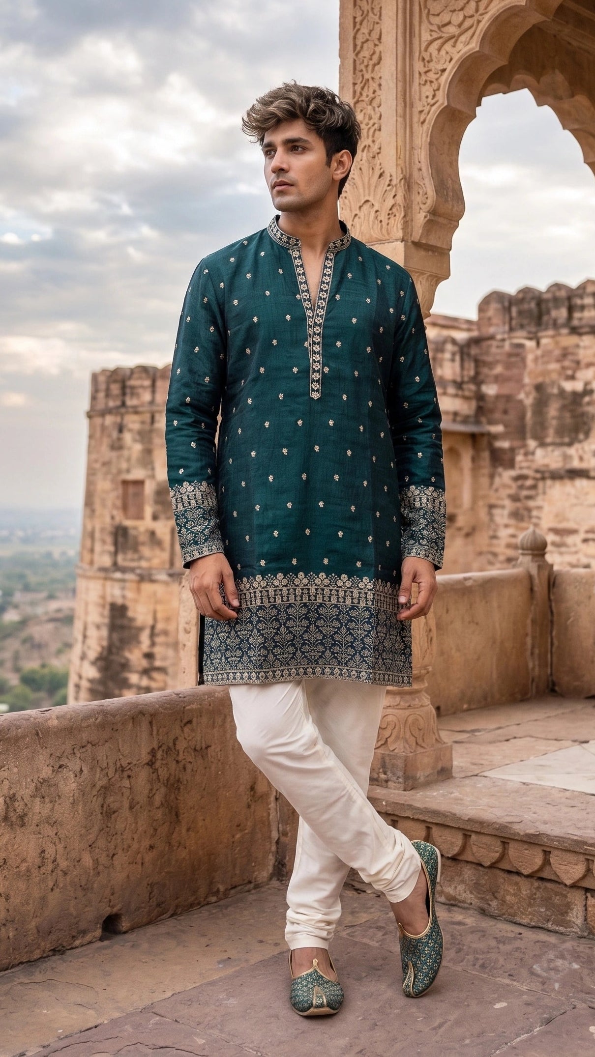 Teal Embroidered Silk Kurta with Intricate Border Detailing
