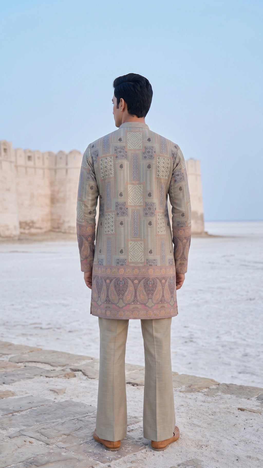 Sage & Muted Slate Geometric Paisley Short Kurta Set