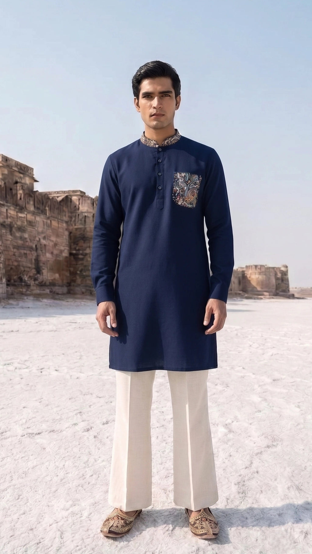 The Royal Indigo Motif Linen-Cotton Kurta