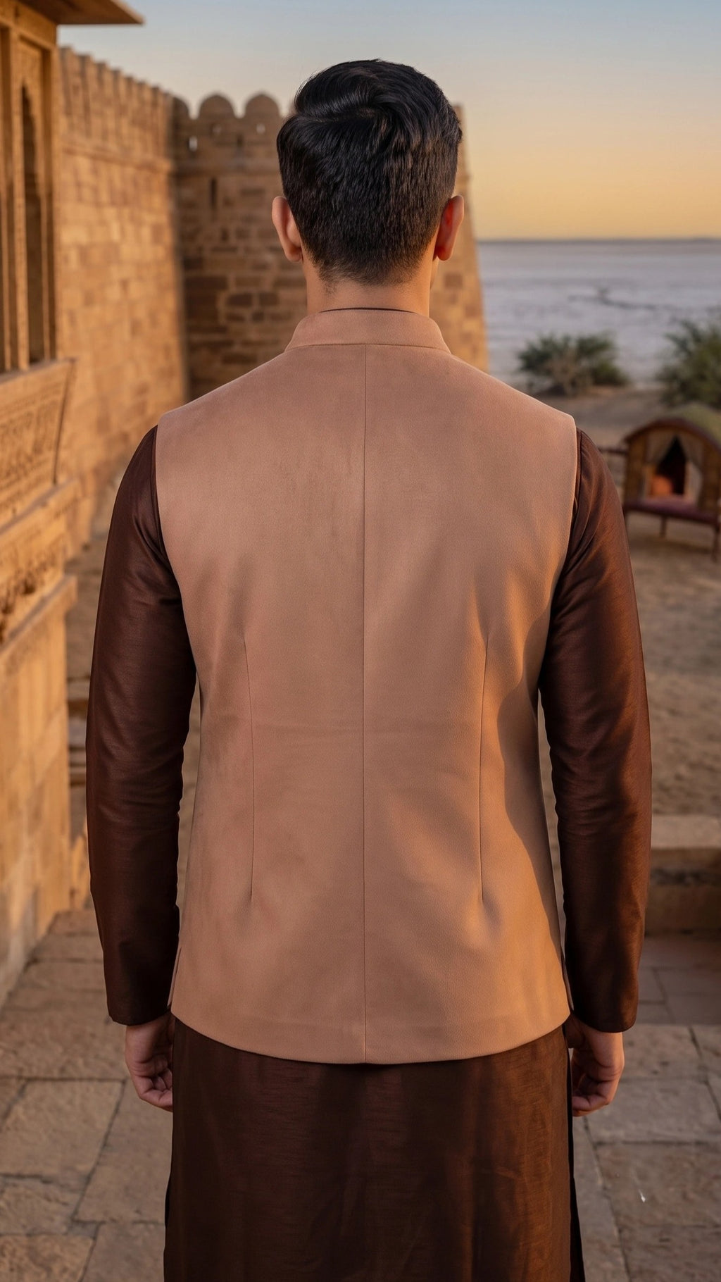 Men’s Classic Camel Brown Suede Nehru Jacket | Tailored Bandhgala Waistcoat