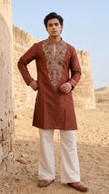 Men's Earthy Rust Kurta with Intricate Gold Thread Embroidery