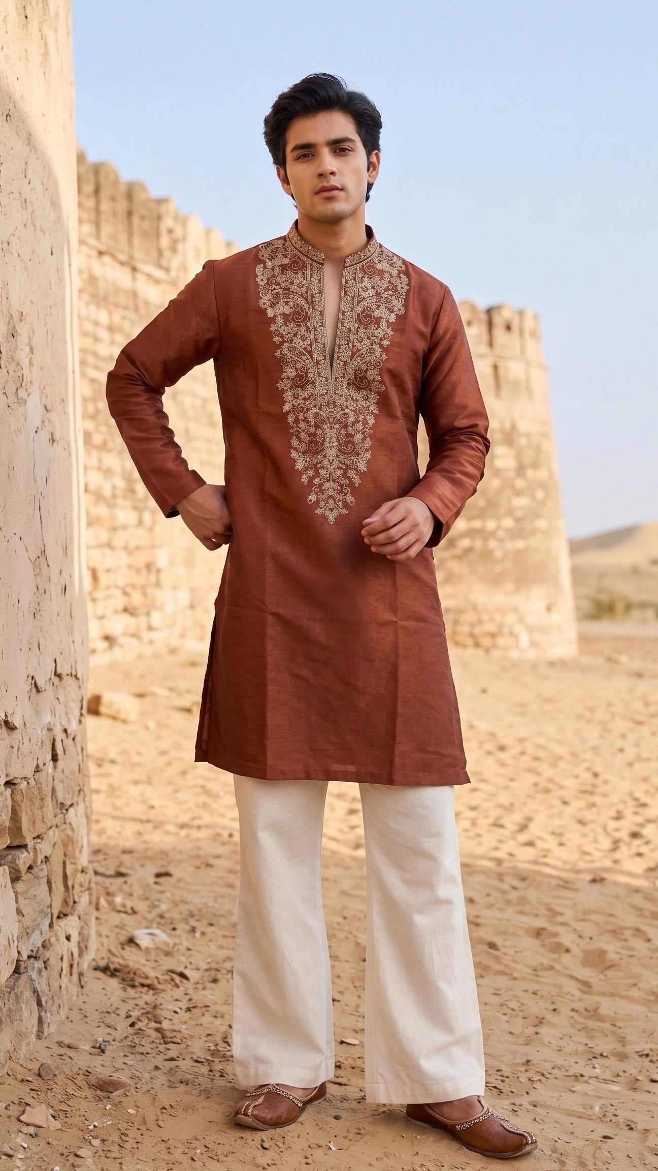 Men's Earthy Rust Kurta with Intricate Gold Thread Embroidery