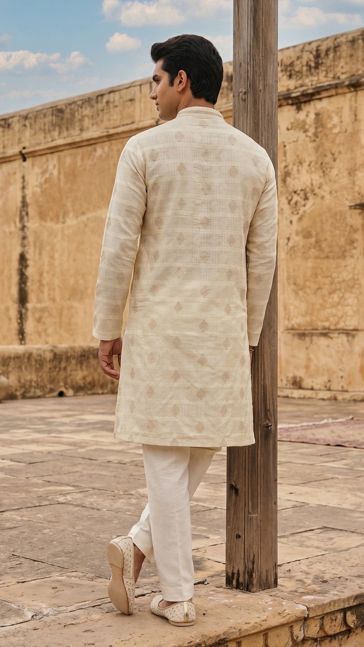 Classic Off-White Woven Striped Kurta with Embroidered Motif Detailing