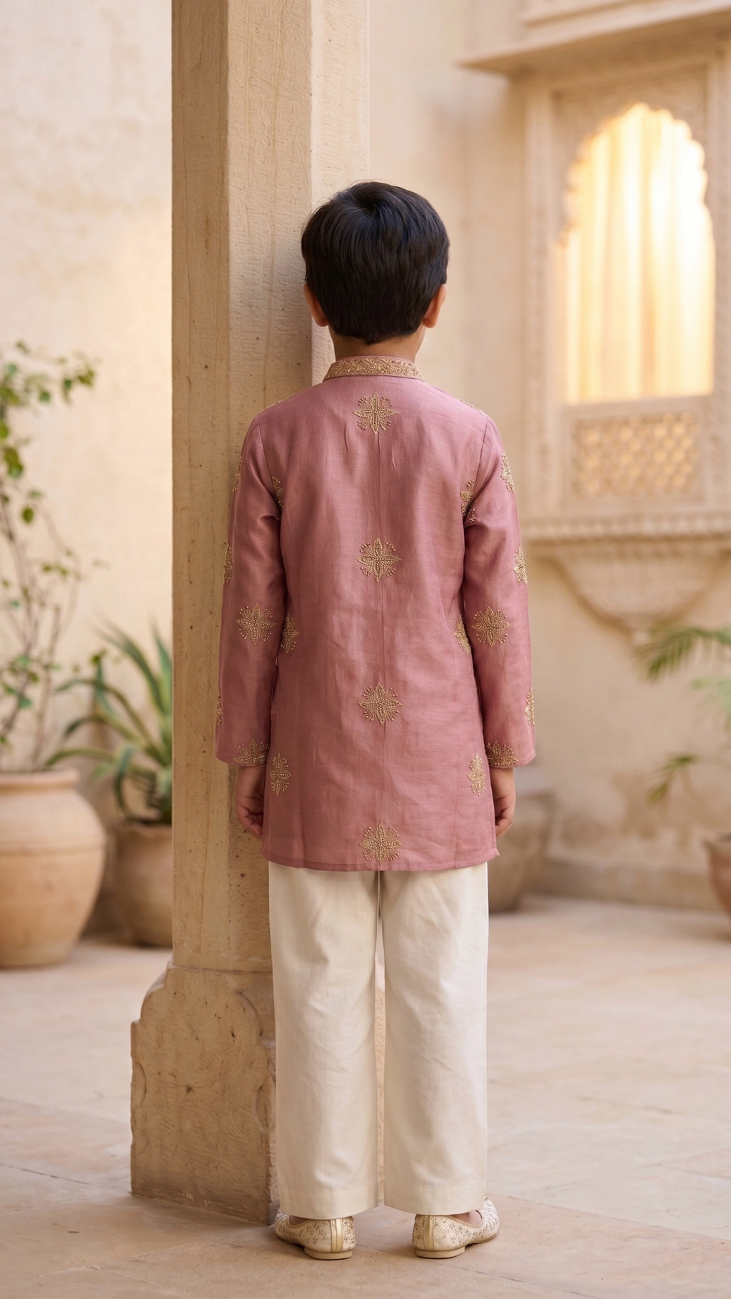 Boys Mauve Pink Embroidered Silk Kurta & Off-White Bell Bottom Set