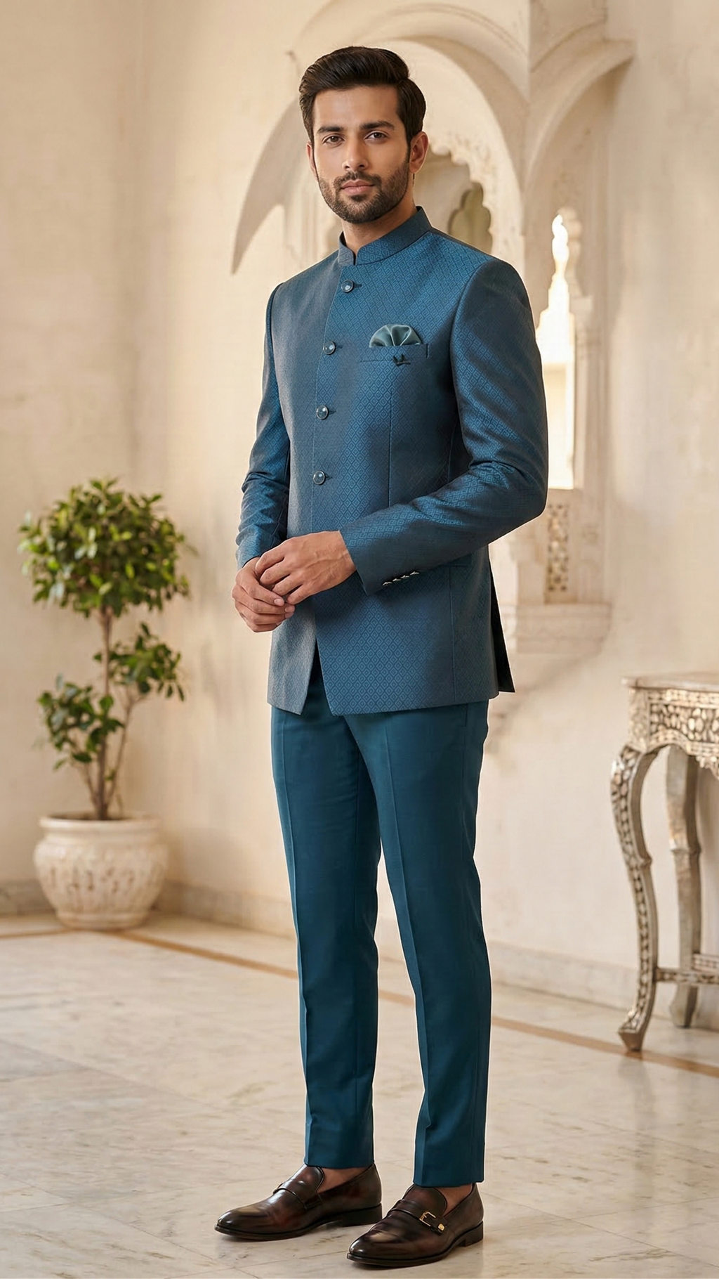Men’s Teal Blue Geometric Textured Jodhpuri Suit