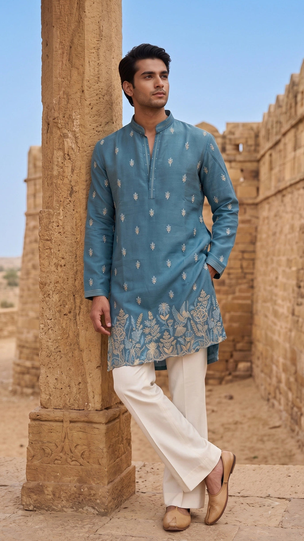 Ocean Blue Silk Kurta with Cutwork Hem & Bird Floral Embroidery