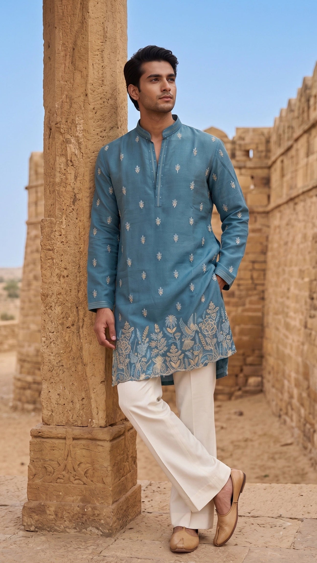 Ocean Blue Silk Kurta with Cutwork Hem & Bird Floral Embroidery