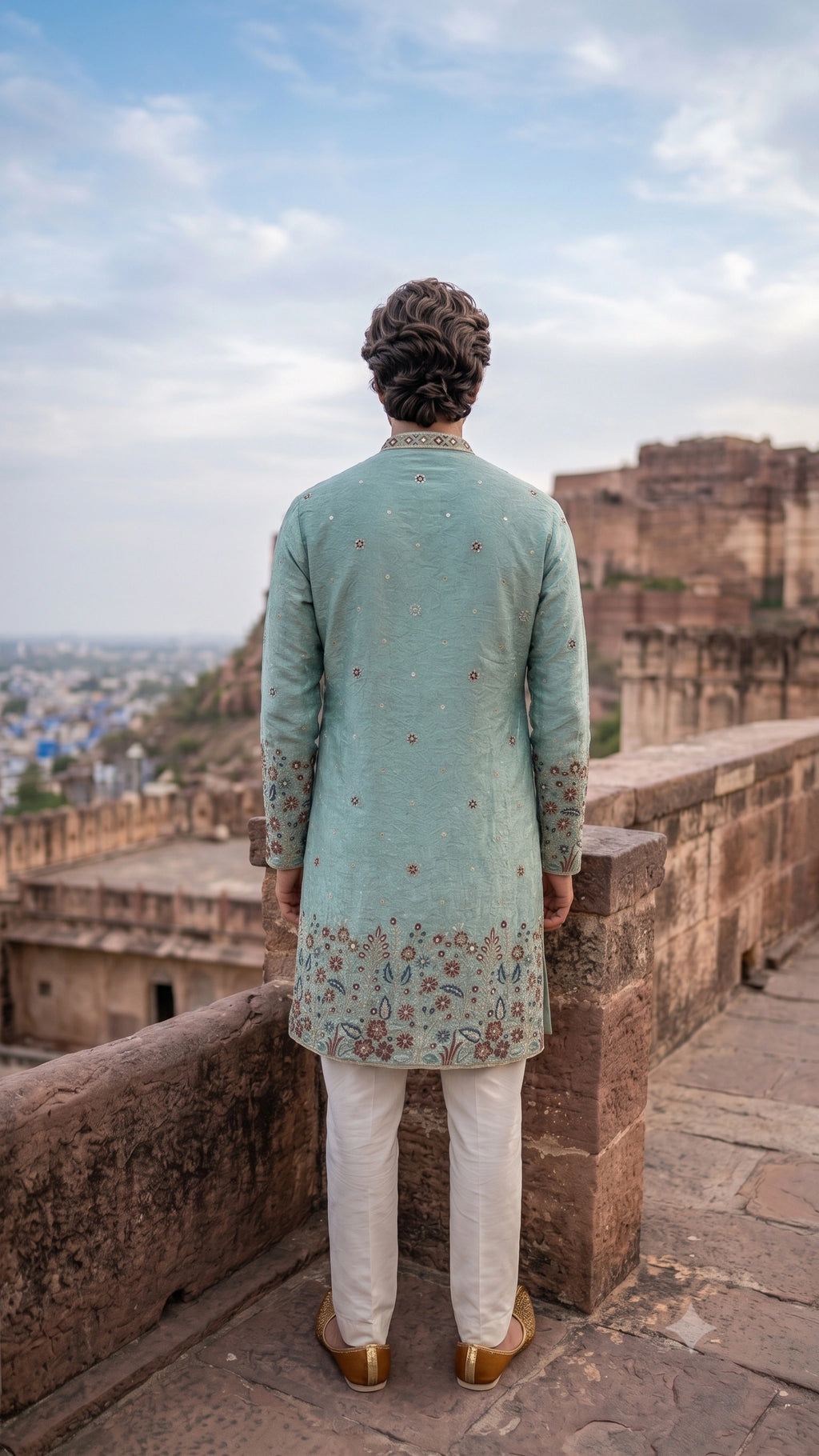 Sea Green Handcrafted Floral Embroidered Silk-Blend Kurta Set