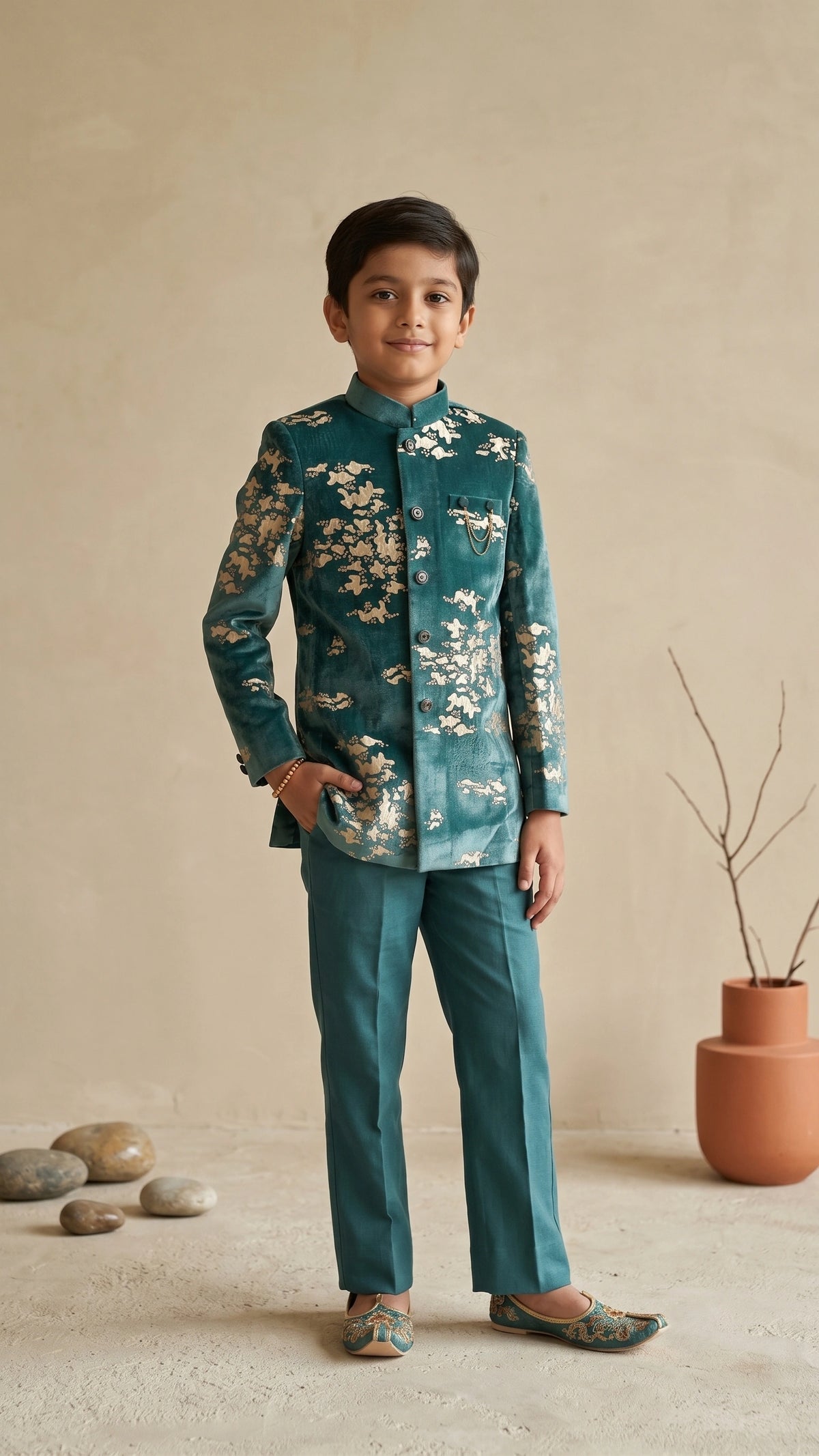 Emerald Teal Embroidered Velvet Semi-Indo  Suit Set for Boys