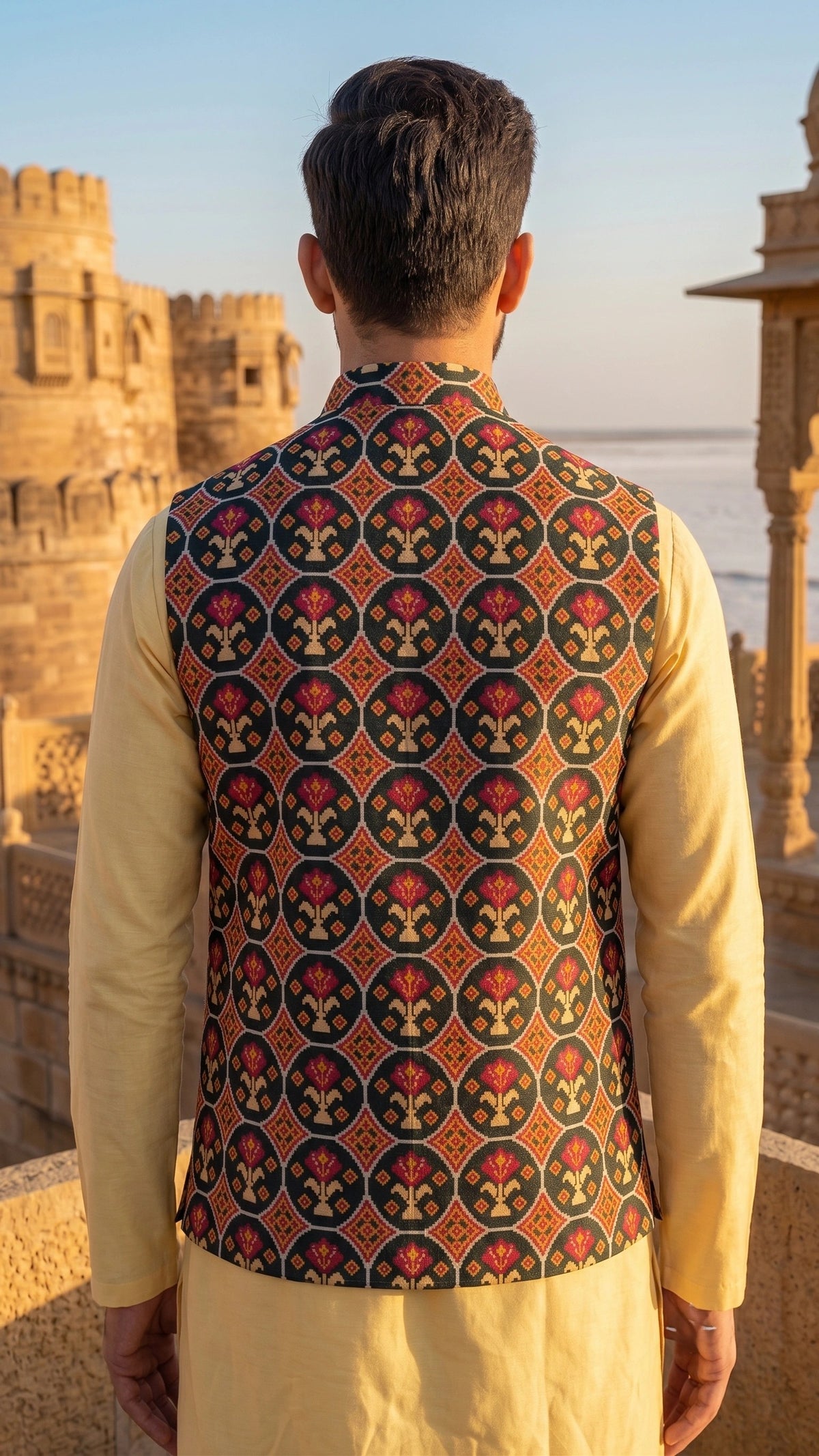Heritage Emerald Patola Print Nehru Jacket / Waistcoat