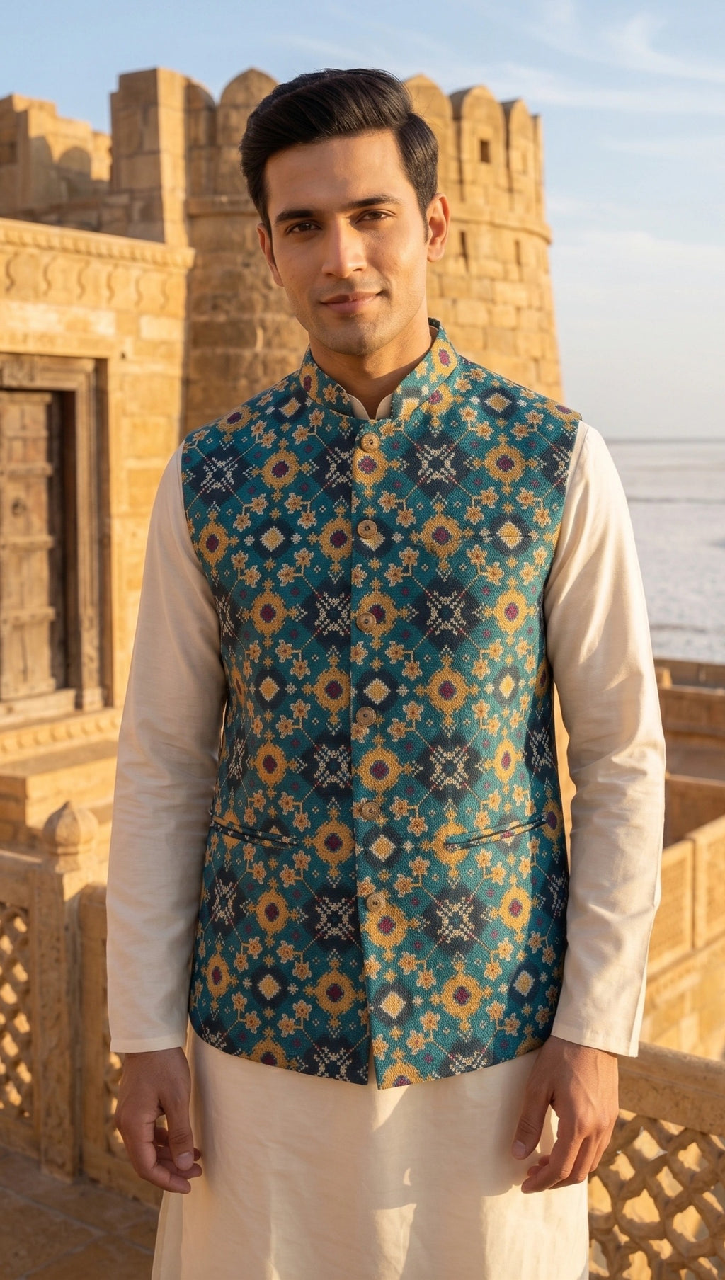 Royal Teal Heritage Nehru Jacket | Geometric Brocade Embroidered Waistcoat
