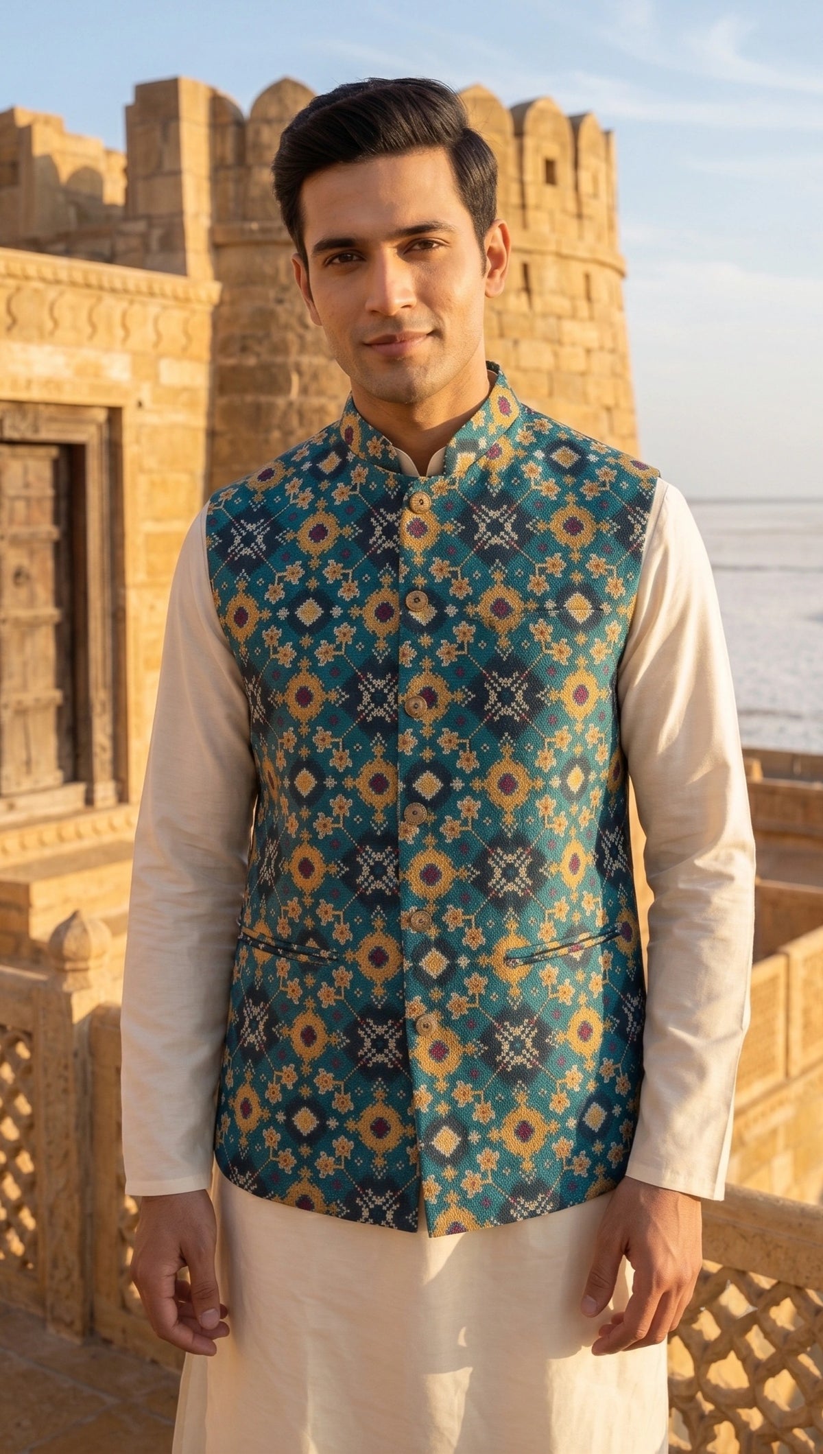 Royal Teal Heritage Nehru Jacket | Geometric Brocade Embroidered Waistcoat