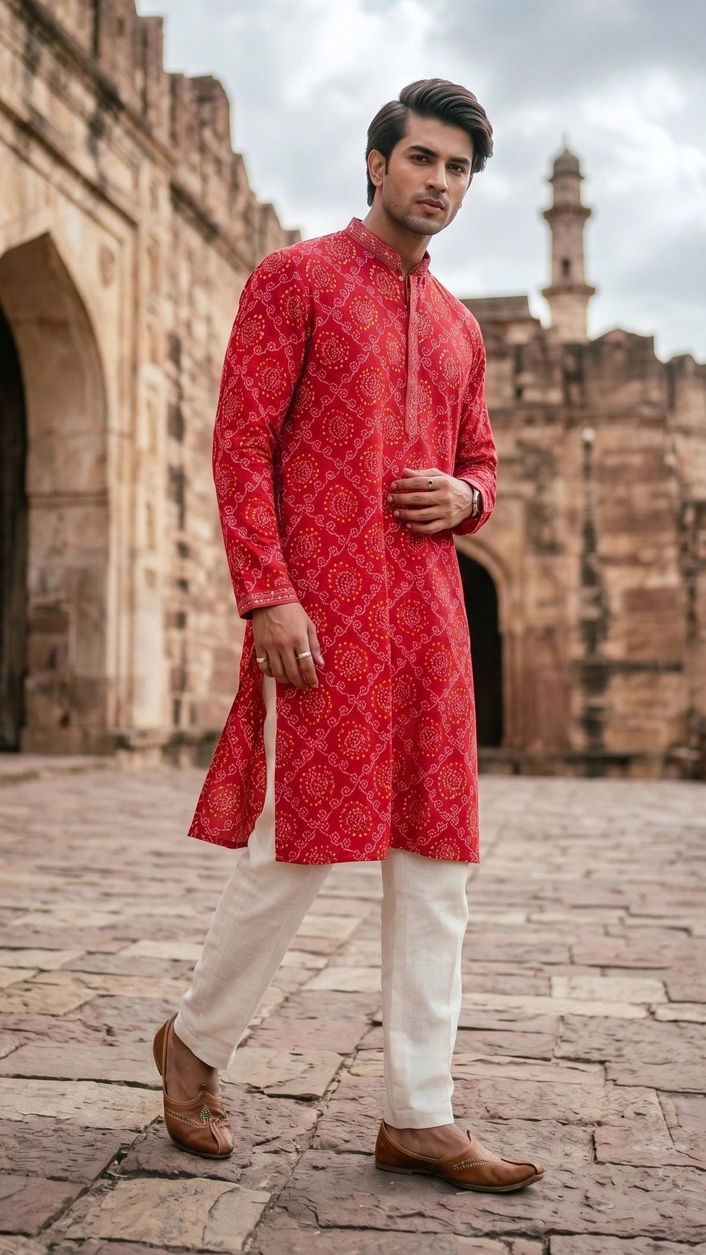 Men's Crimson Red Bandhani Printed Kurta with Embroidered Mandarin Collar