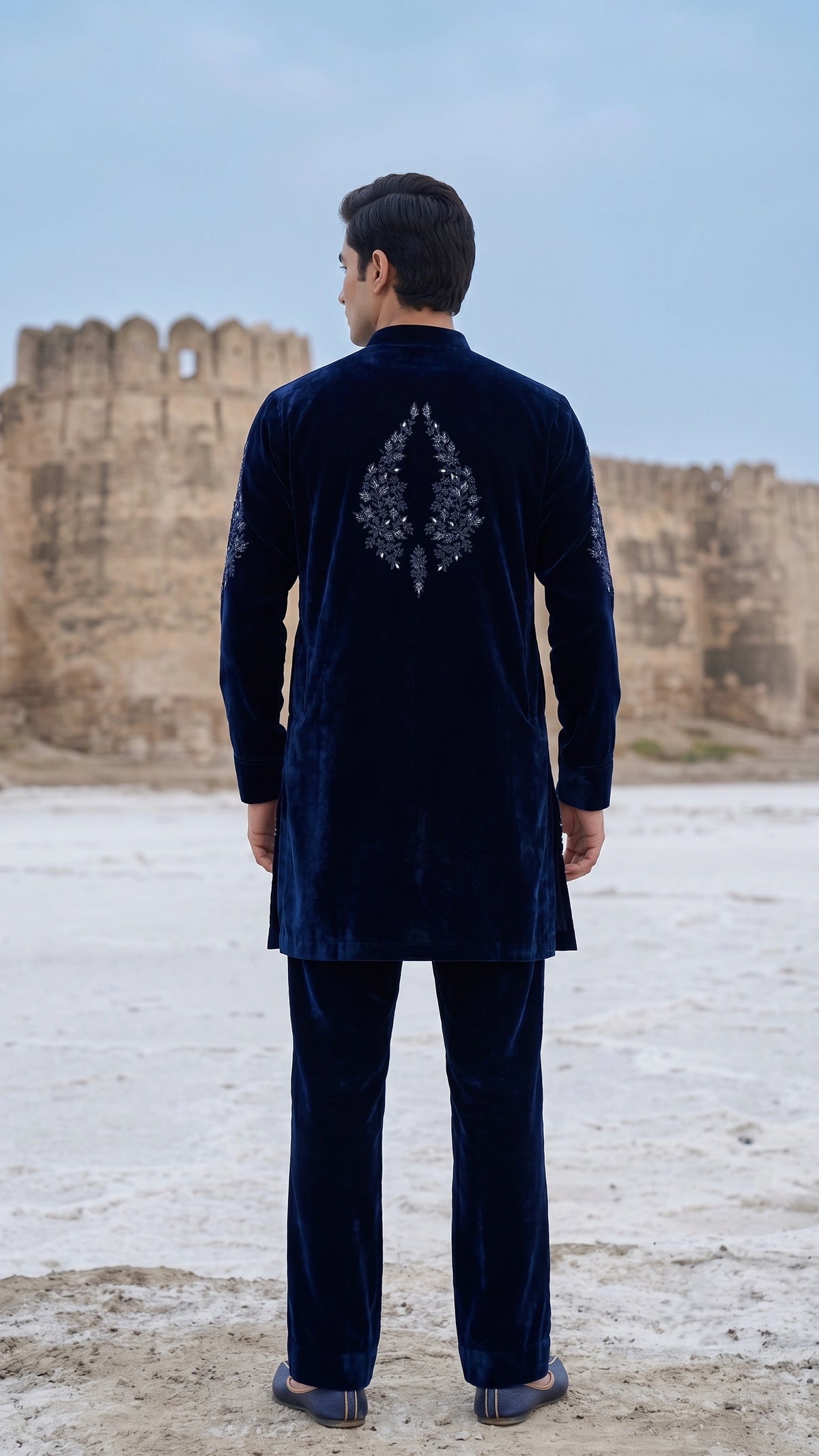Midnight Navy Hand-Embroidered Velvet Kurta Set