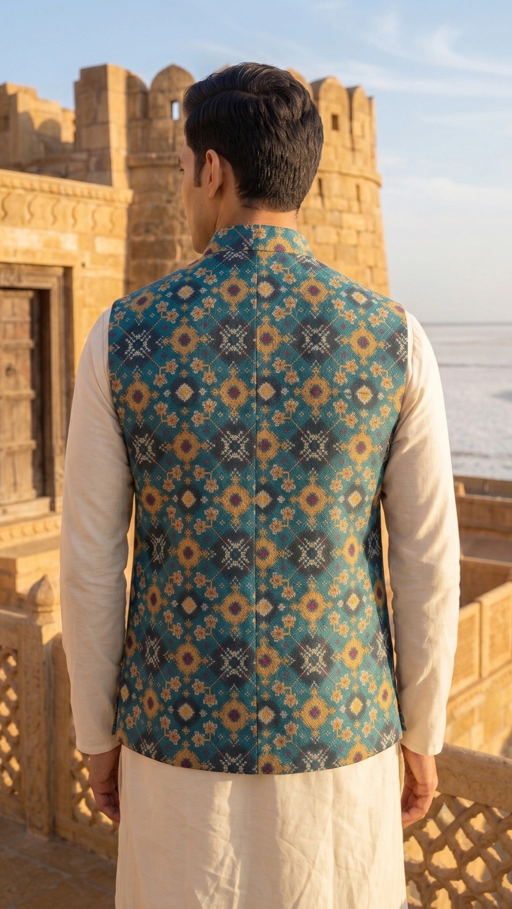 Royal Teal Heritage Nehru Jacket | Geometric Brocade Embroidered Waistcoat