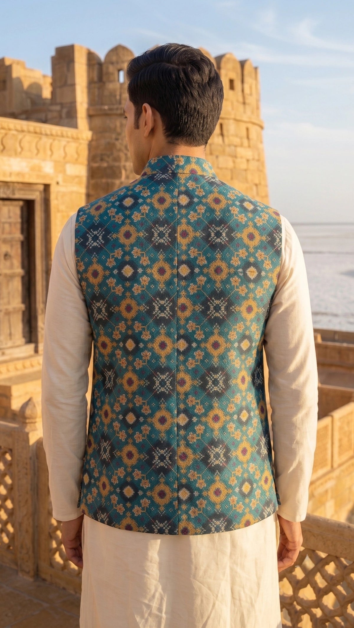 Royal Teal Heritage Nehru Jacket | Geometric Brocade Embroidered Waistcoat