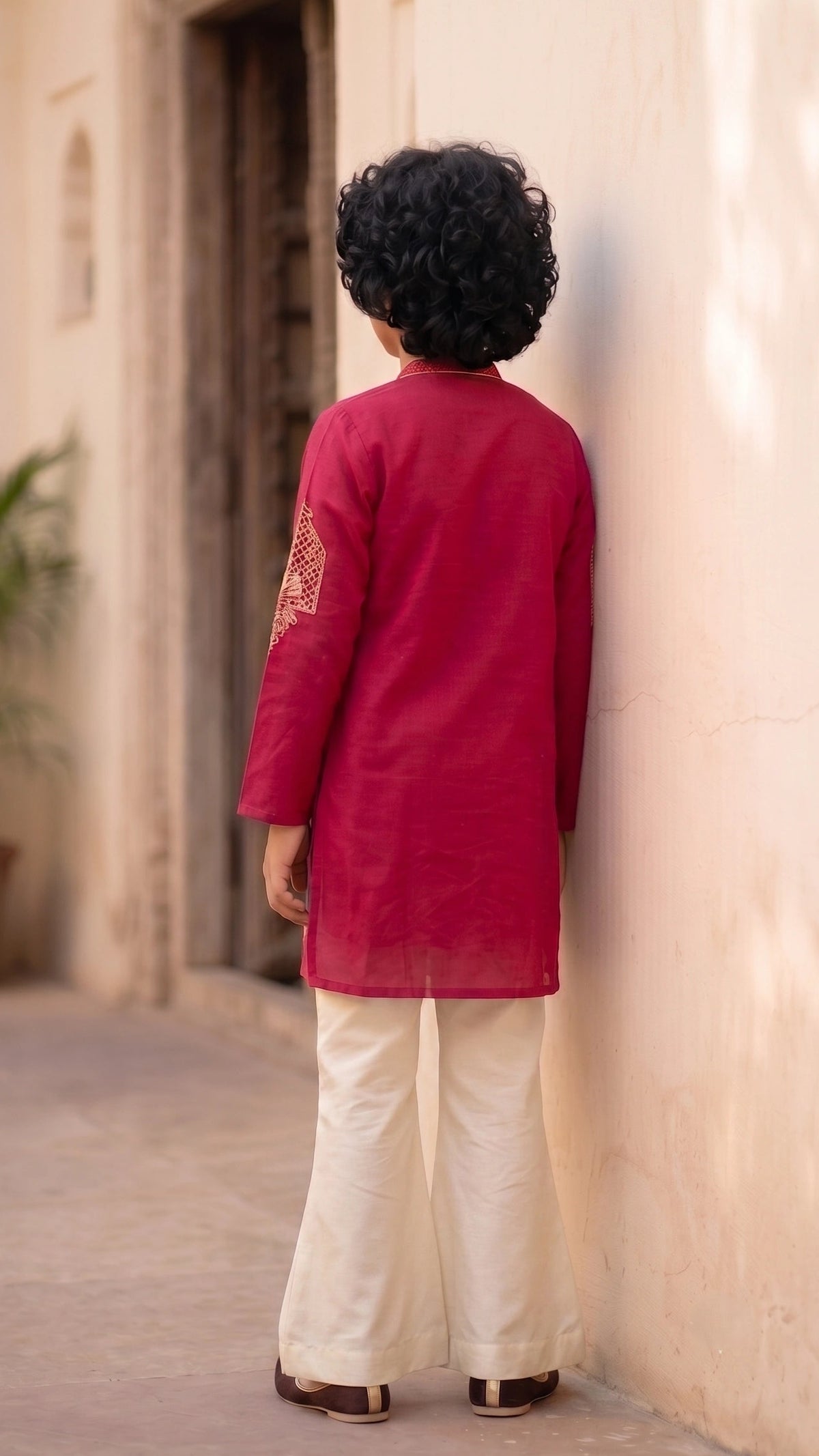 Boys Magenta Silk-Blend Embroidered Kurta with Bell-Bottom Trousers Set