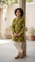 Boys Olive Green Embroidered Silk-Blend Kurta Set with White Pyjama