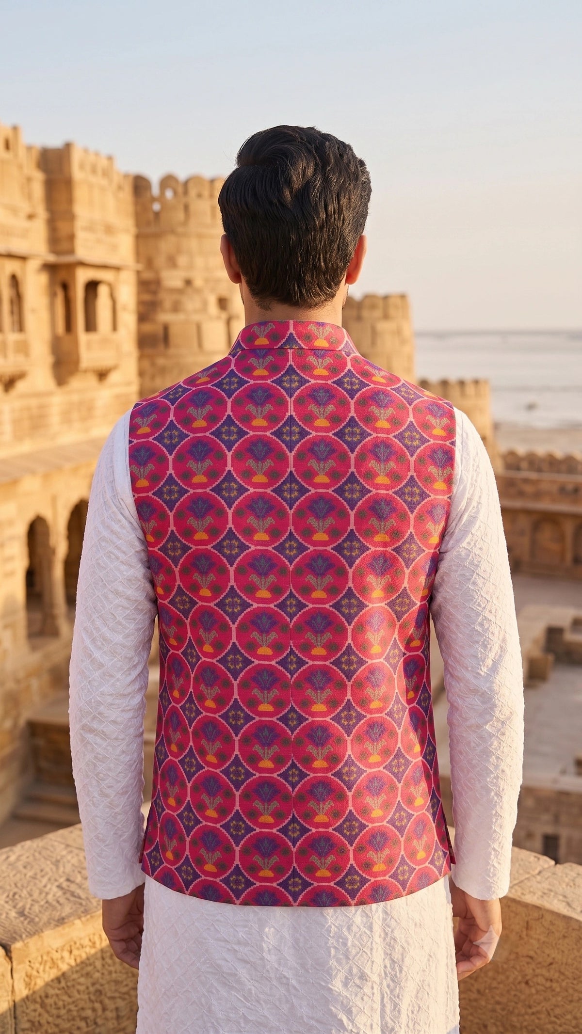 Royal Rani Pink Geometric Floral Woven Silk Blend Bandhgala Waistcoat