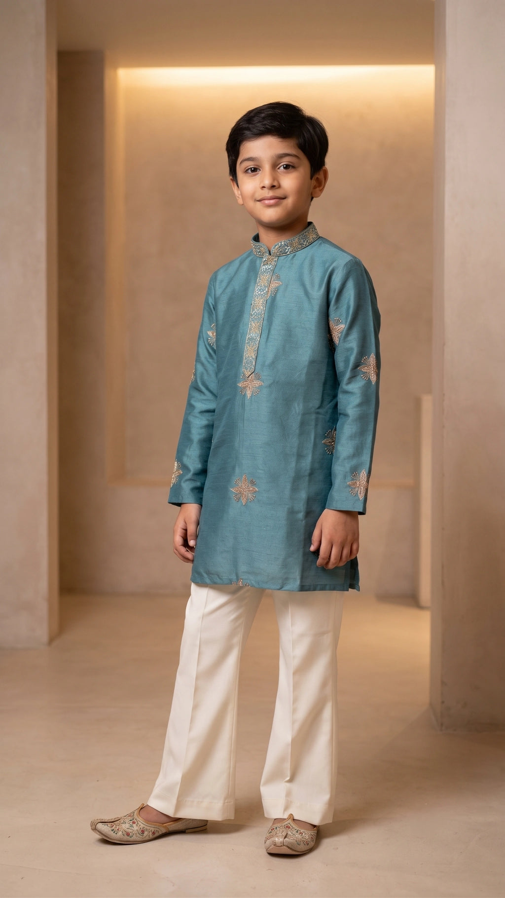 Sea Green Zari-Embroidered Chanderi Silk Kurta & Off-White Bell-Bottom Pant Set