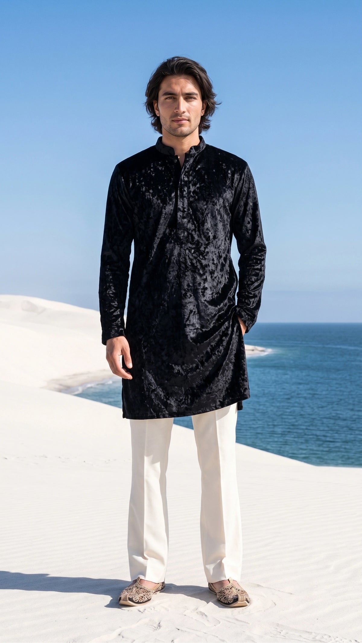 Obsidian Noir Crushed Velvet Kurta – Contemporary Ethnic Menswear