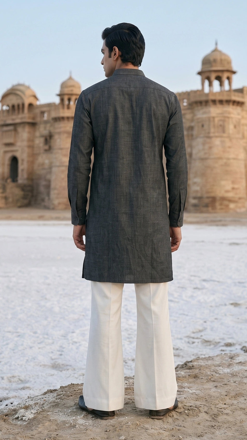 Charcoal Slate Textured Cotton Kurta with Open V-Neck Placket & Shirt Cuffs
