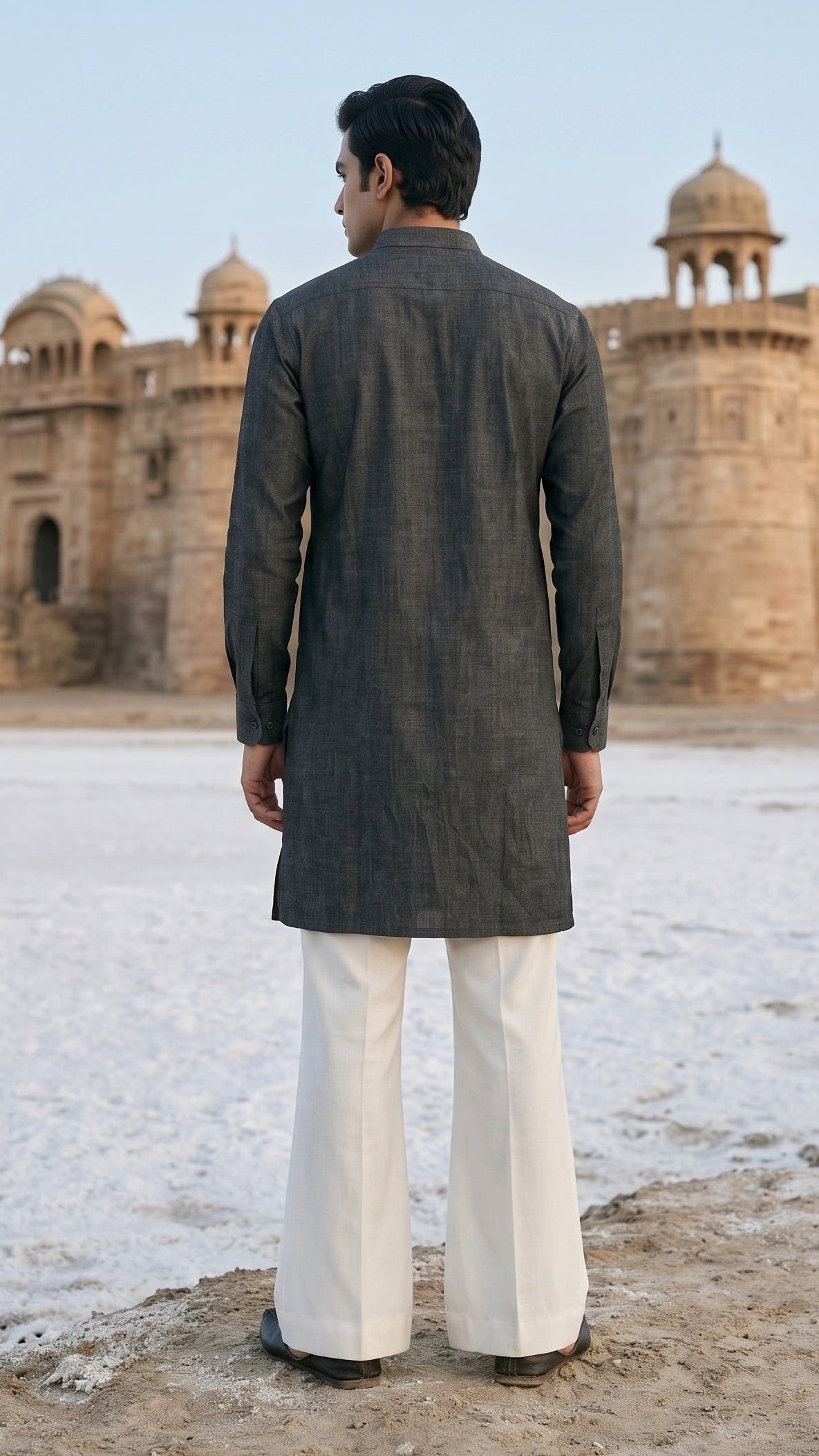 Charcoal Slate Textured Cotton Kurta with Open V-Neck Placket & Shirt Cuffs