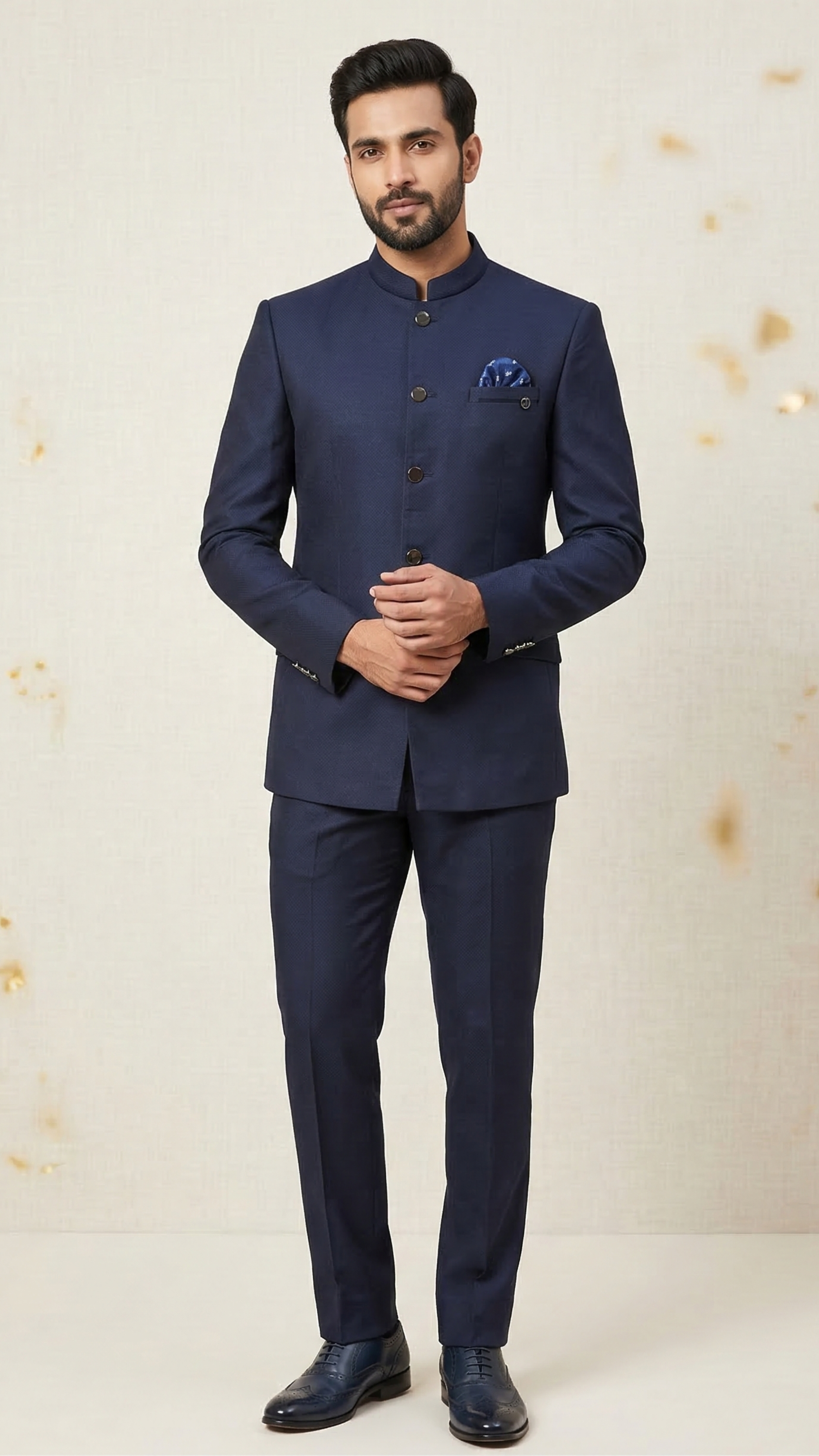 Elegant Navy Blue Textured Jodhpuri Suit