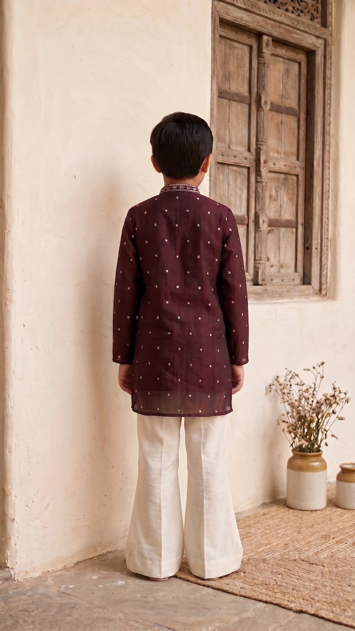 Boys' Rich Maroon Chanderi Silk Kurta Set with Gold Buti Work and Cream Flared Trousers