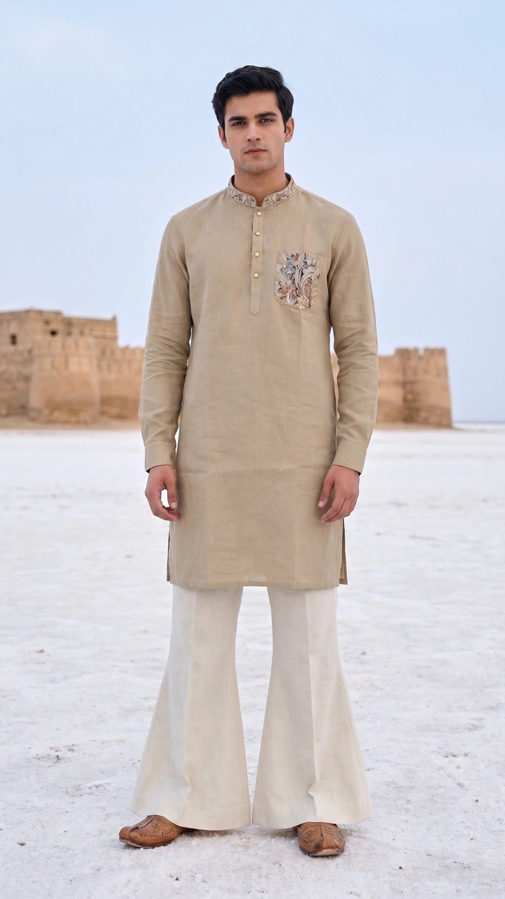 Earthy Elegance: Sand Beige Embroidered Pocket Kurta