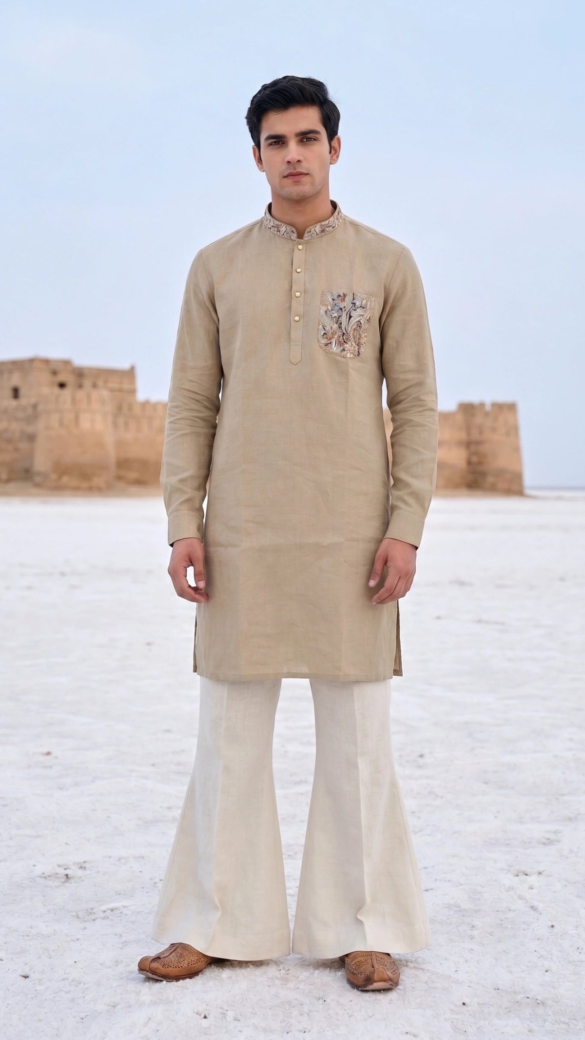 Earthy Elegance: Sand Beige Embroidered Pocket Kurta