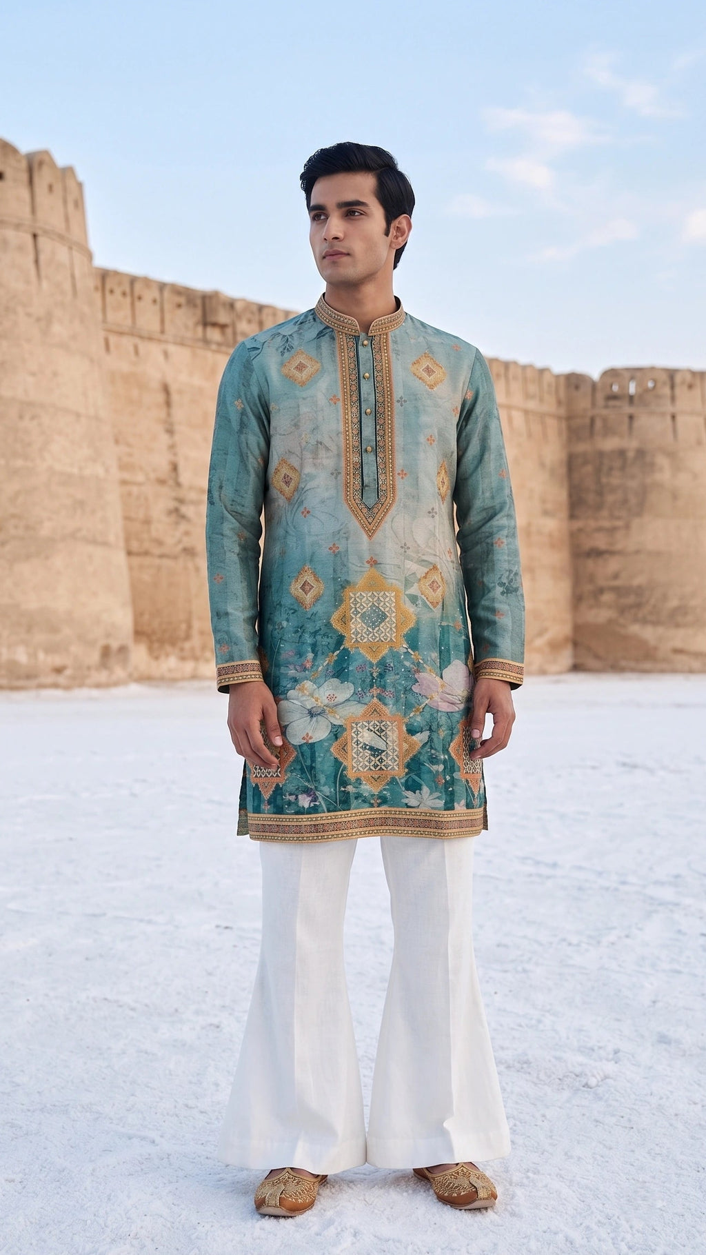 Men’s Slate Blue & Ocher Medallion Motif Embroidered Kurta