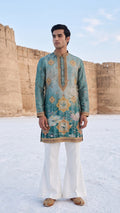 Men’s Slate Blue & Ocher Medallion Motif Embroidered Kurta