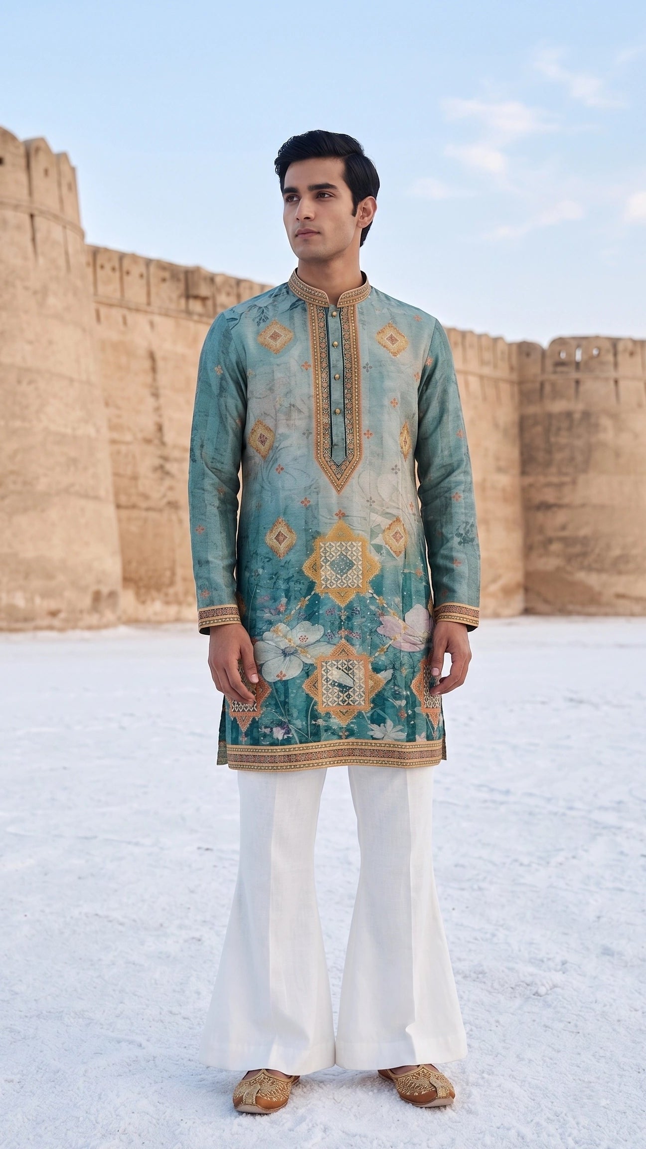 Men’s Slate Blue & Ocher Medallion Motif Embroidered Kurta