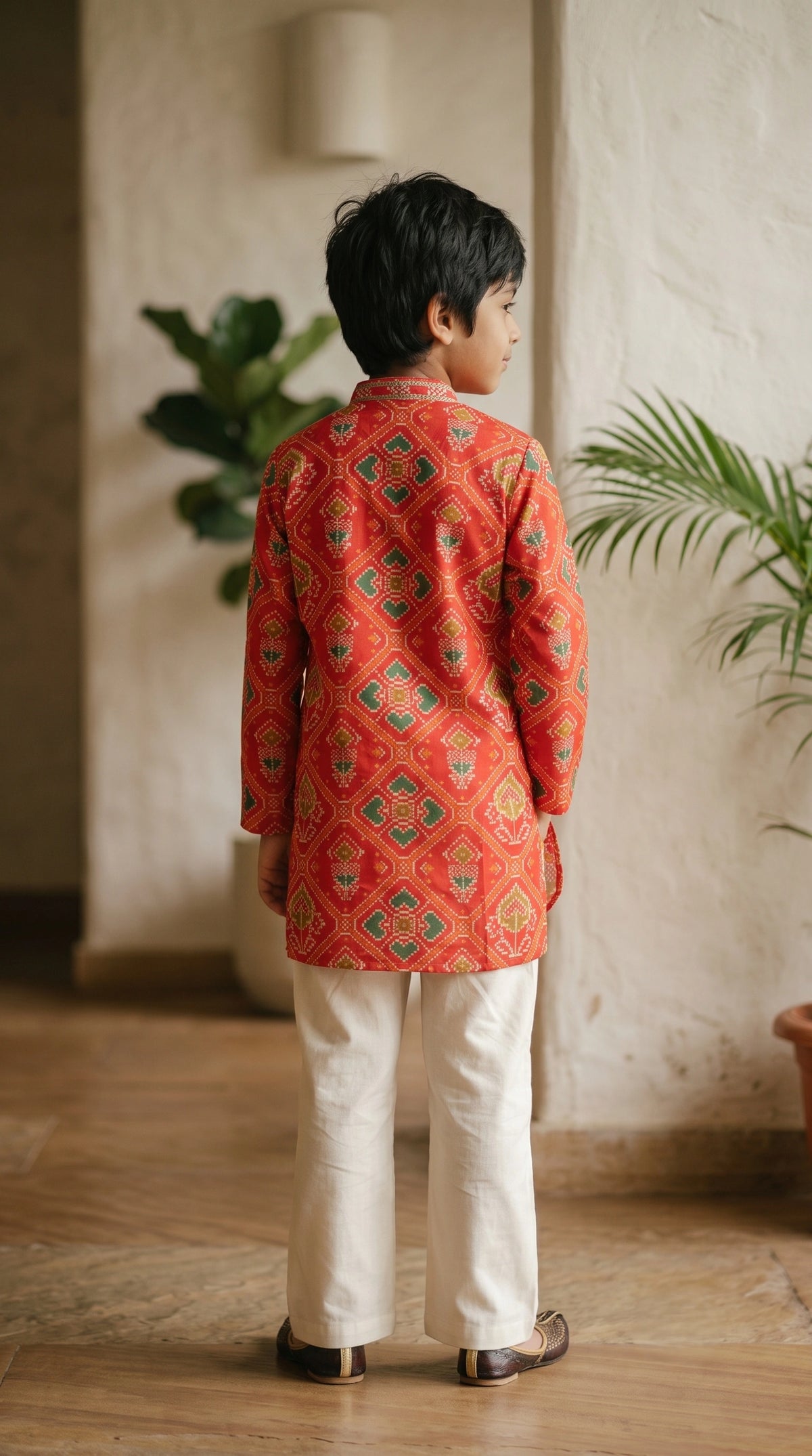 Boys Festive Crimson Red Bandhani Print Kurta with Off-White Bootcut Trousers