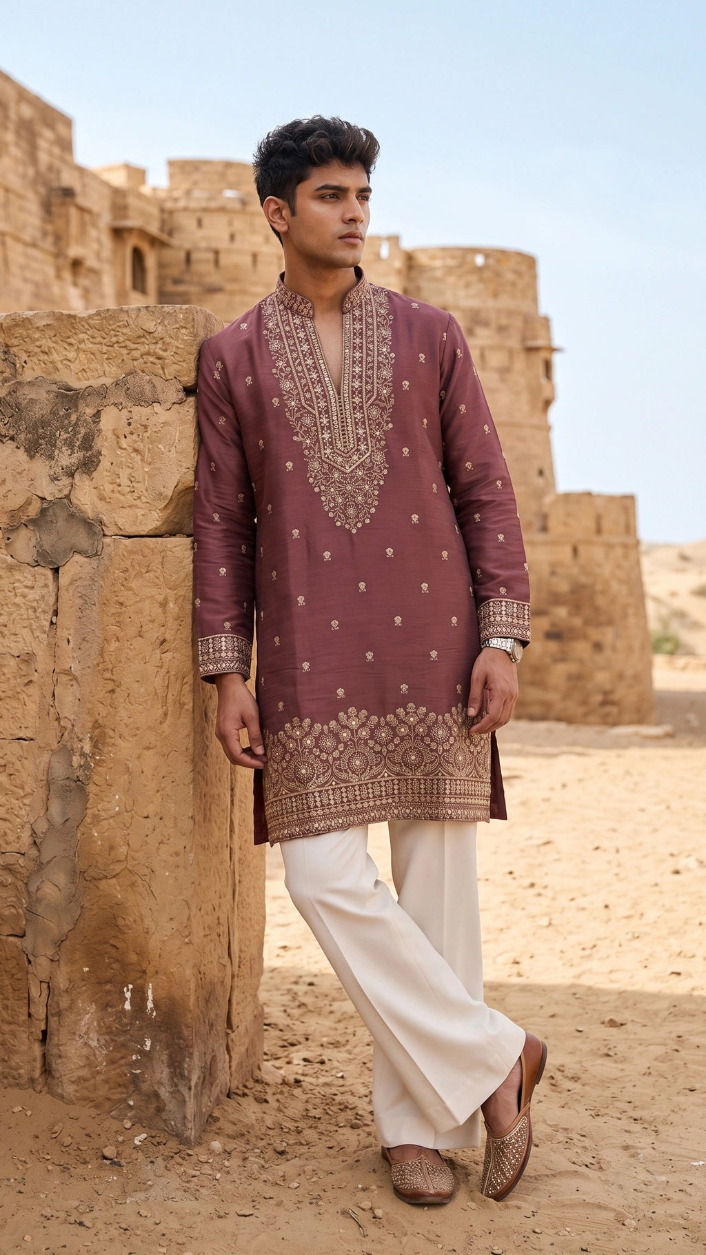Dusty Mauve Embroidered Raw Silk Kurta Set with Bell-Bottom Trousers