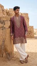 Dusty Mauve Embroidered Raw Silk Kurta Set with Bell-Bottom Trousers