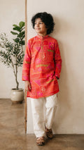 Festive Coral Bandhani Print Boys Kurta Set