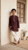 Boys' Rich Maroon Chanderi Silk Kurta Set with Gold Buti Work and Cream Flared Trousers