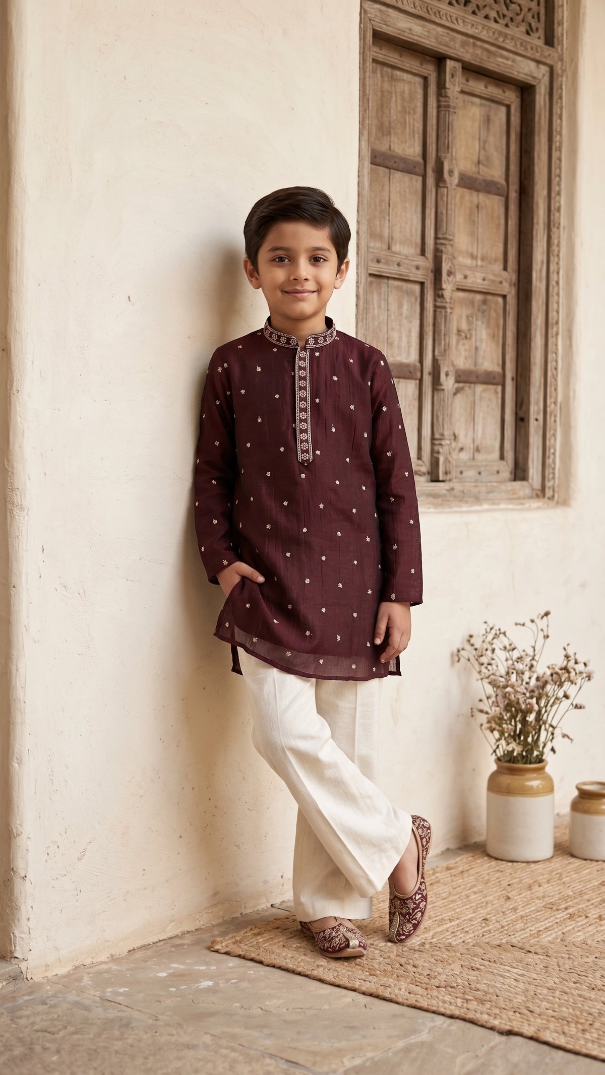 Boys' Rich Maroon Chanderi Silk Kurta Set with Gold Buti Work and Cream Flared Trousers