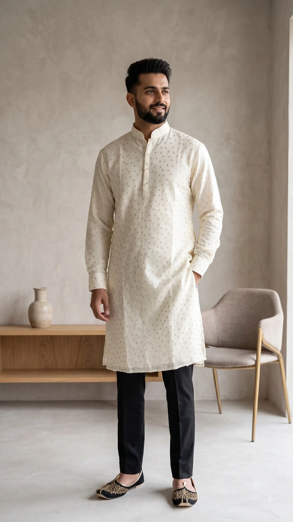 Elegant Cream & Gold Motif Men's Festive Kurta